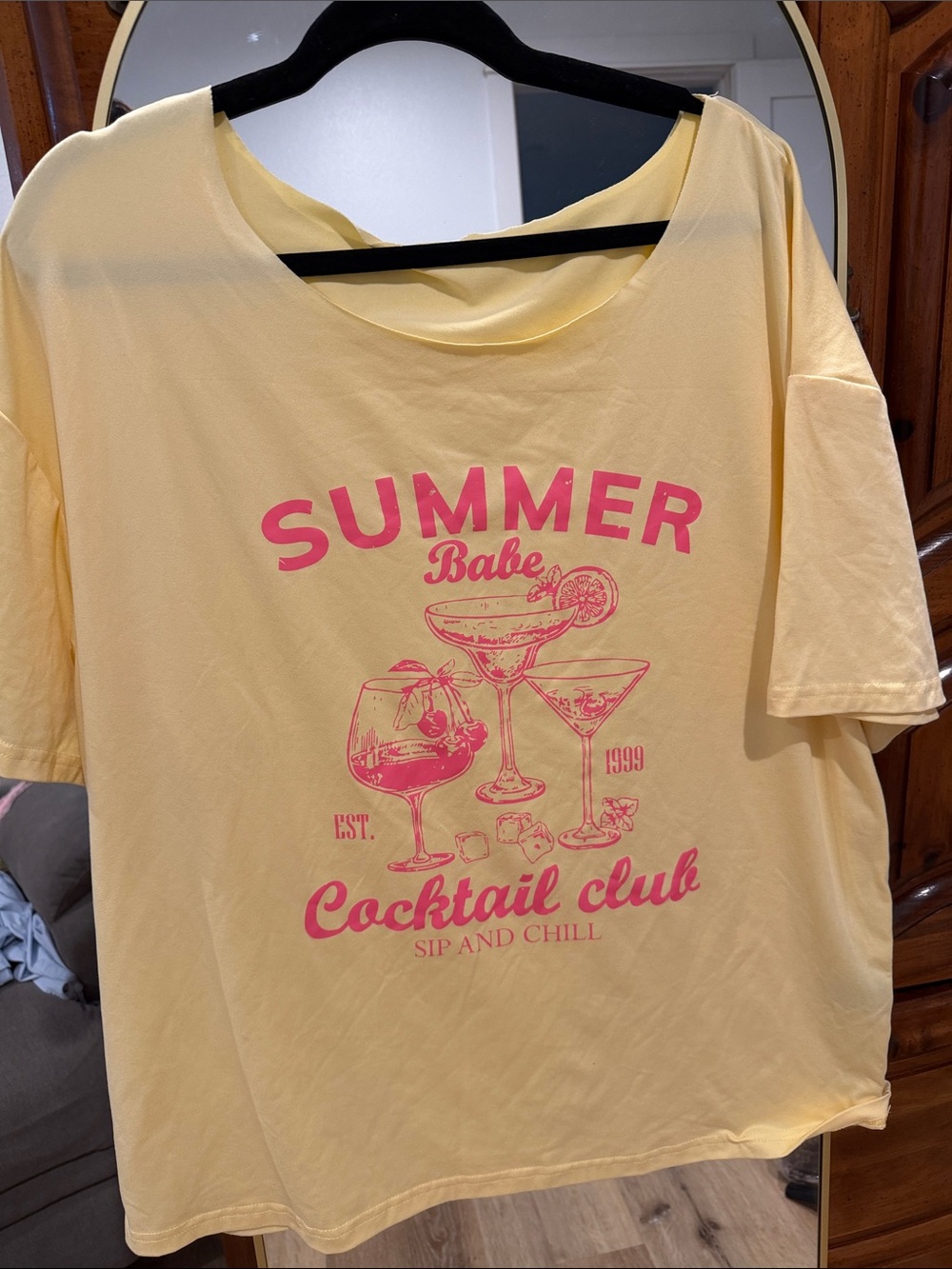 SHEIN Yellow Tee with Pink 'Summer Babe Cocktail Club' Graphic